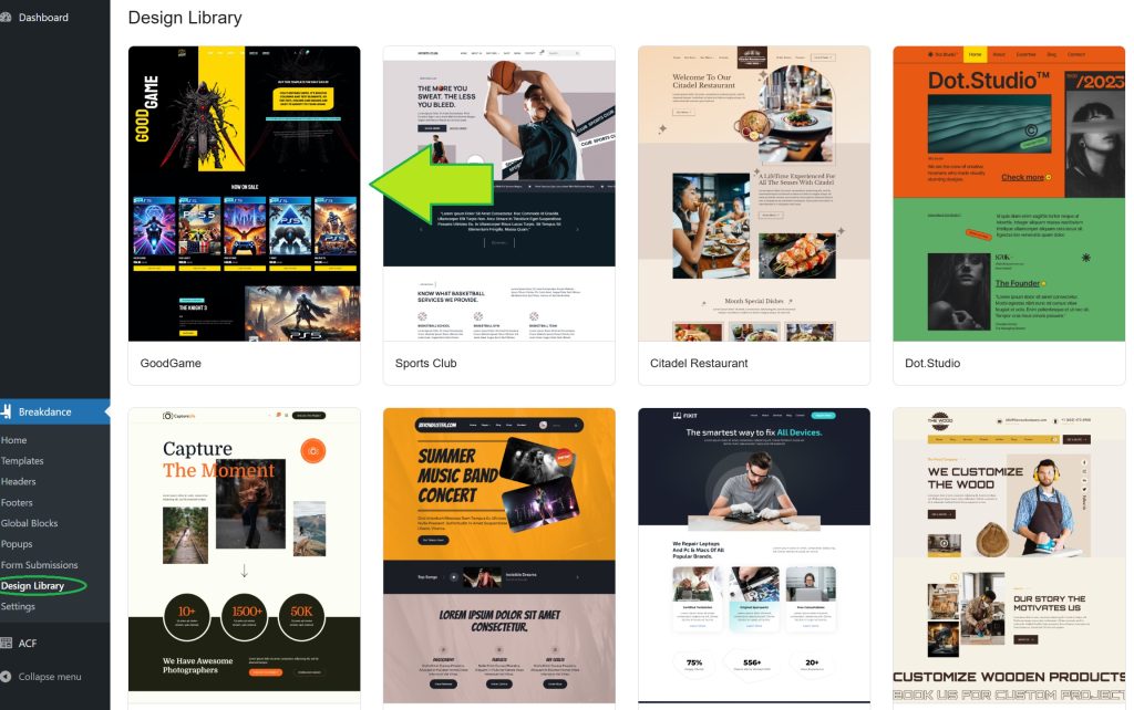 Breakdance Design Library Premium 5 Template installed in Design Library
